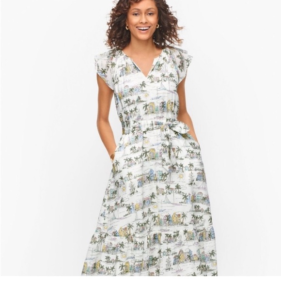 Talbots Women’s Fit & Flare Scenic Curacao Midi Print Dress, size 12 - Picture 1 of 12